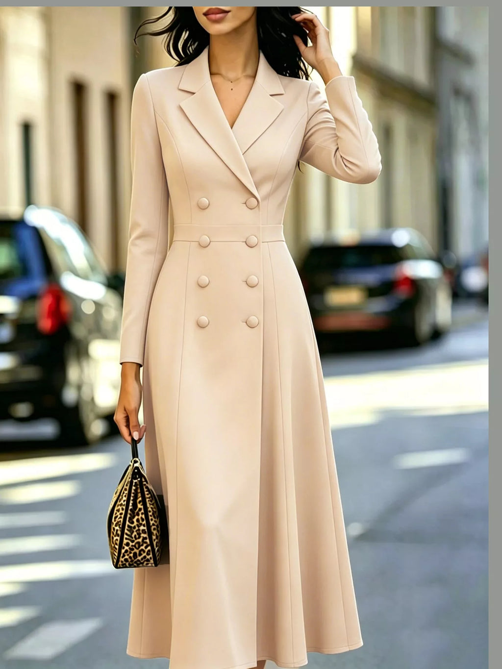 Double-Breasted Lapel-Collar Long-Sleeve Midi Dress
