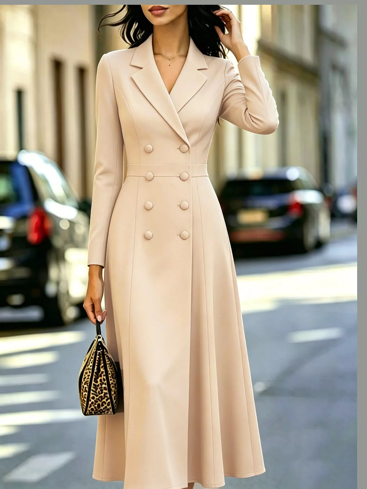 Double-Breasted Lapel-Collar Long-Sleeve Midi Dress