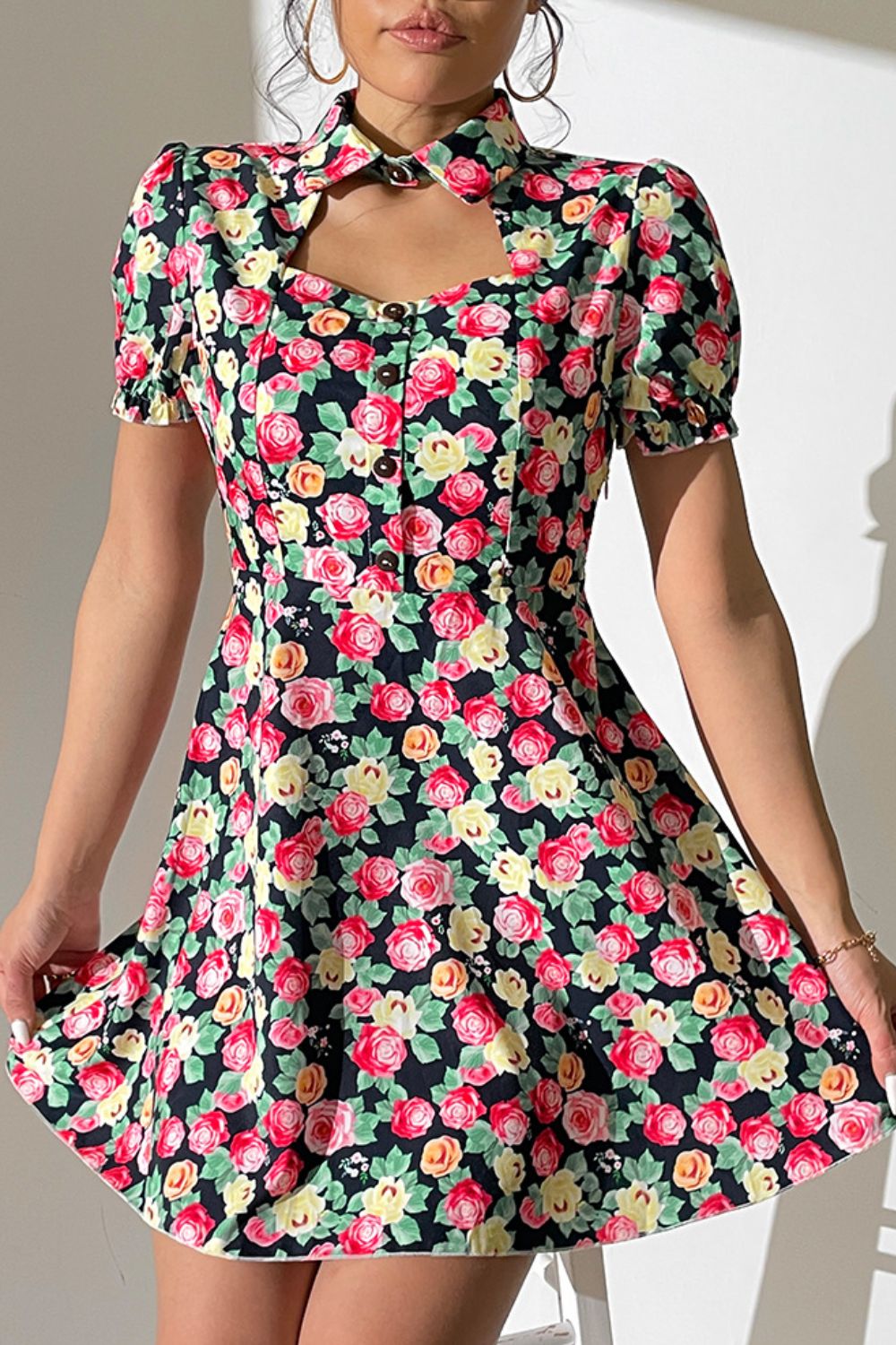 Floral Cutout Puff-Sleeve Mini Dress