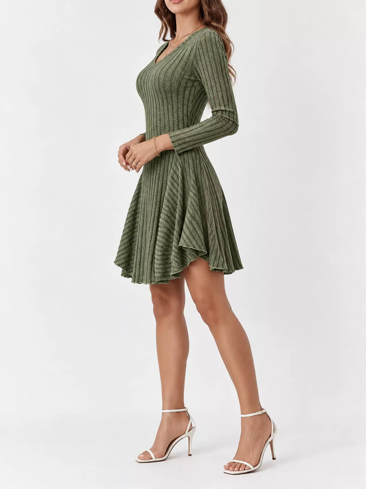 Long-Sleeve Ribbed Knit A-Line Mini Dress