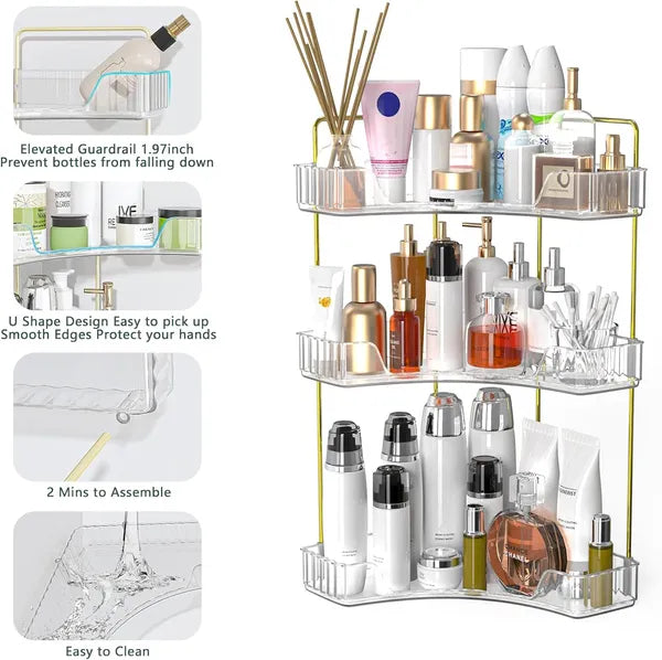 3-Tier Corner Bathroom Storage Rack — Clear Acrylic Countertop Organizer | Perfume & Cosmetic Tray — Prime Trend Market