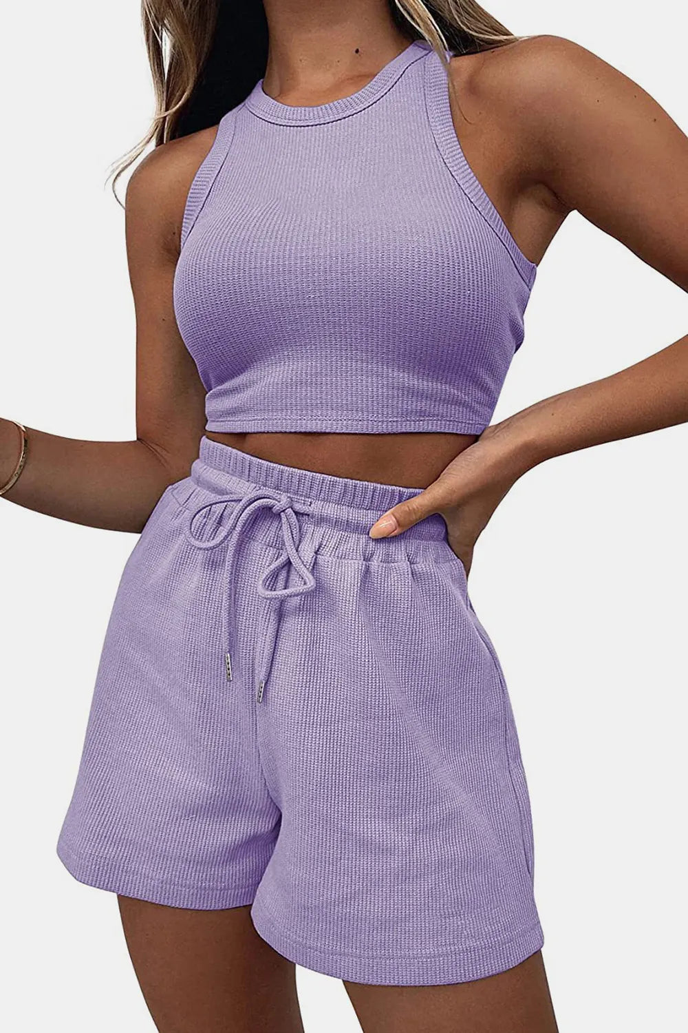 Round-Neck Crop Top & Drawstring Shorts Set