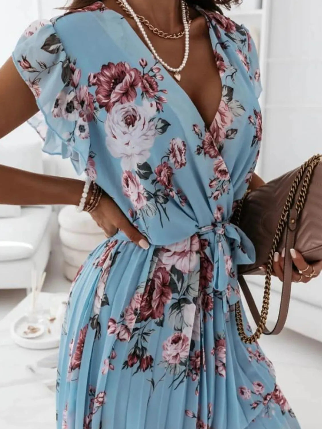 Floral Surplice Tie-Waist Ruffle-Cap-Sleeve Dress