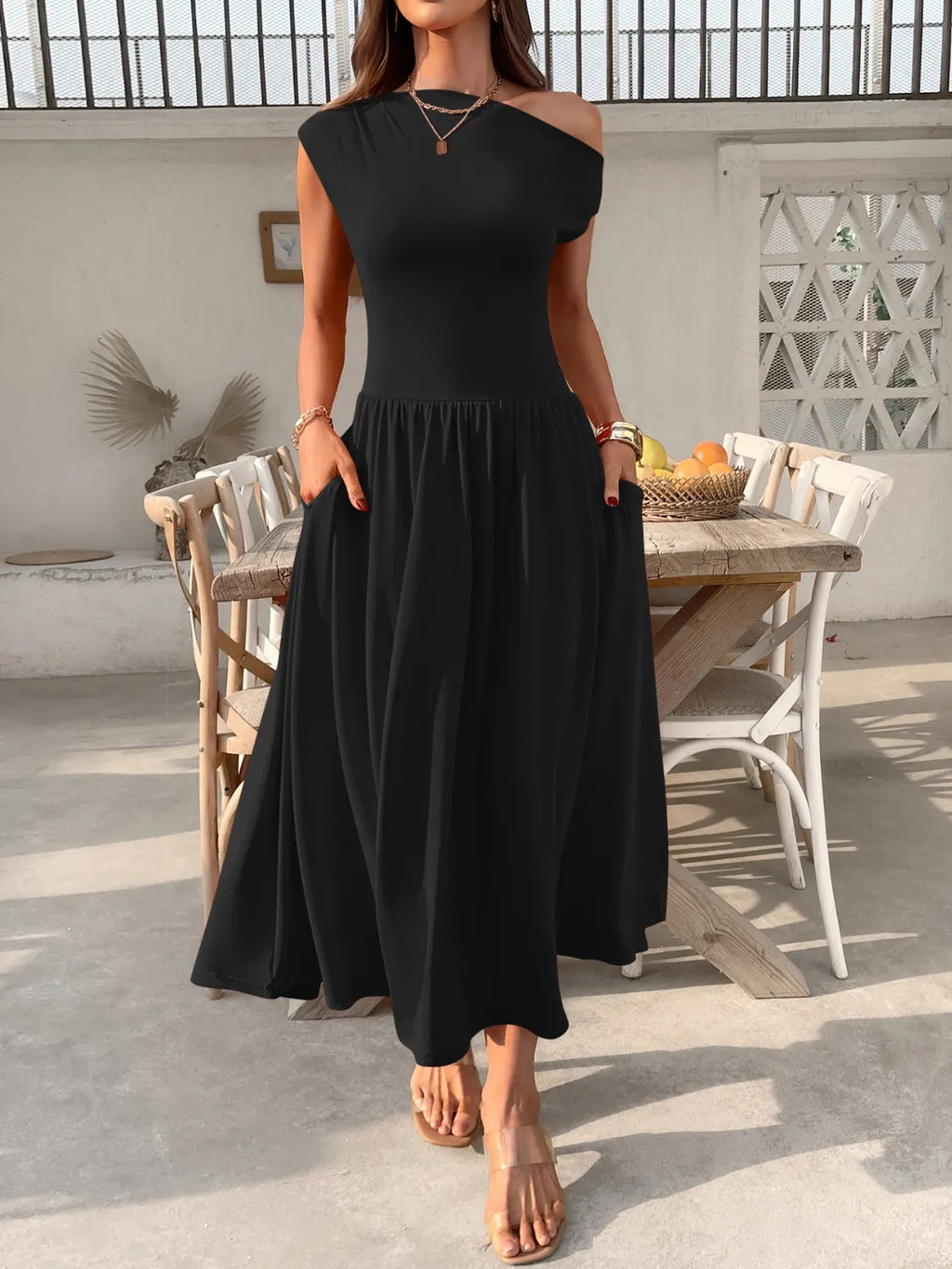Single-Shoulder Dress with Pockets
