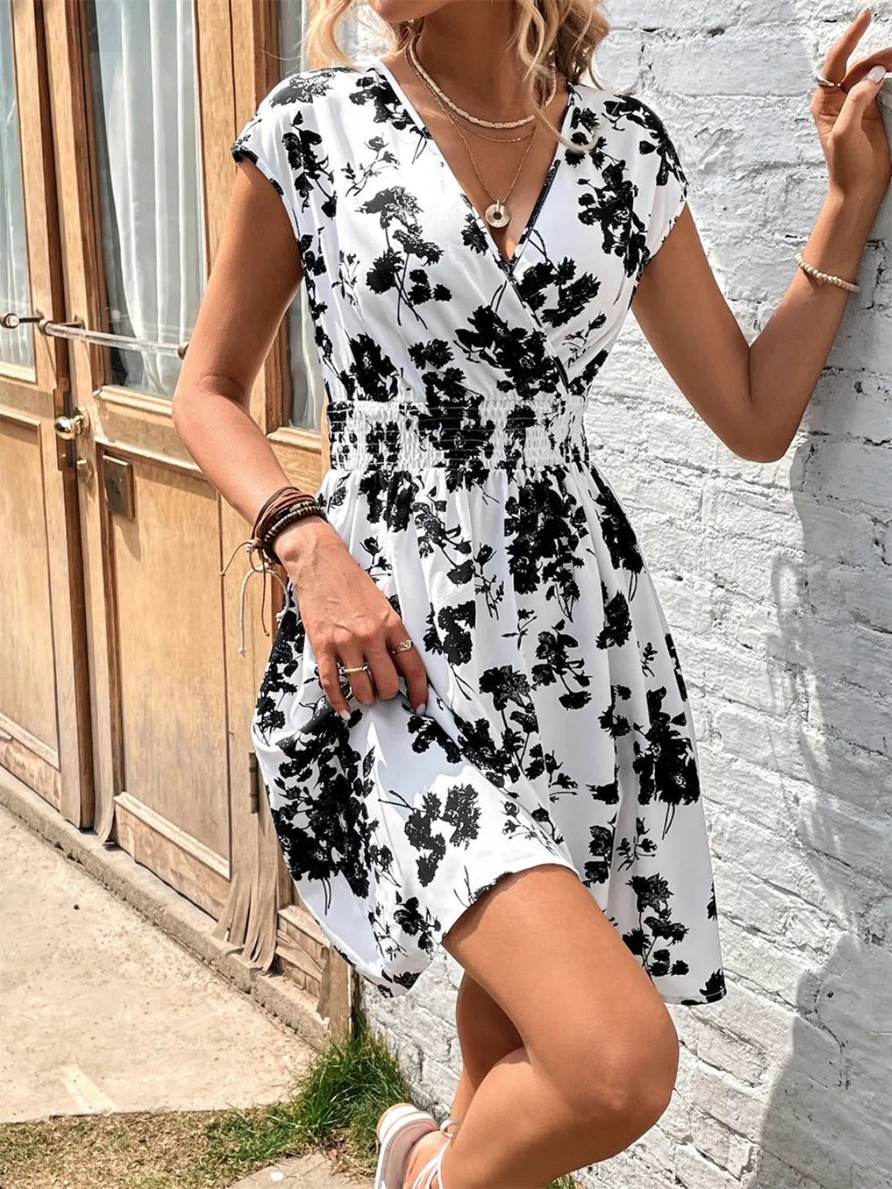 Black Floral Surplice Cap-Sleeve Dress