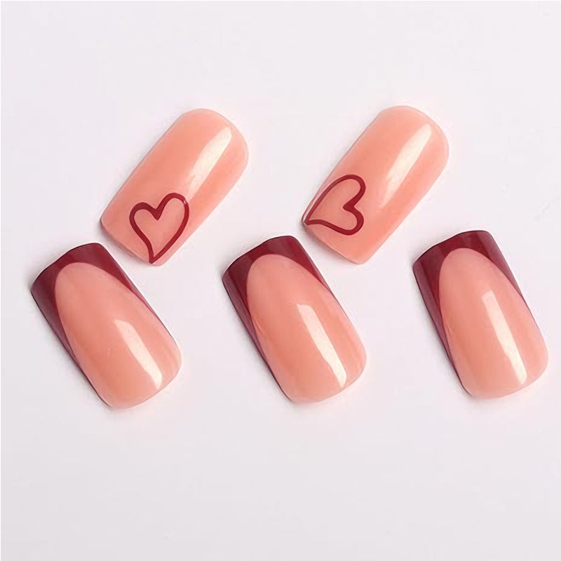 24 PCS Press On Nails – Wine Red Heart French Tip, Medium Square, Gel Acrylic — Prime Trend Market