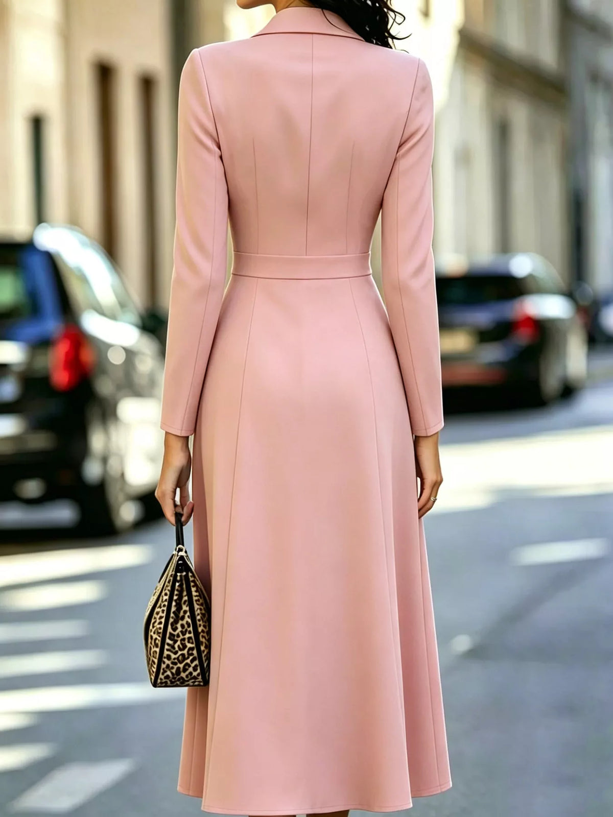 Double-Breasted Lapel-Collar Long-Sleeve Midi Dress