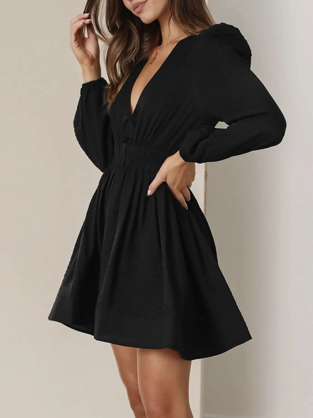 Ruched V-Neck Balloon-Sleeve Mini Dress