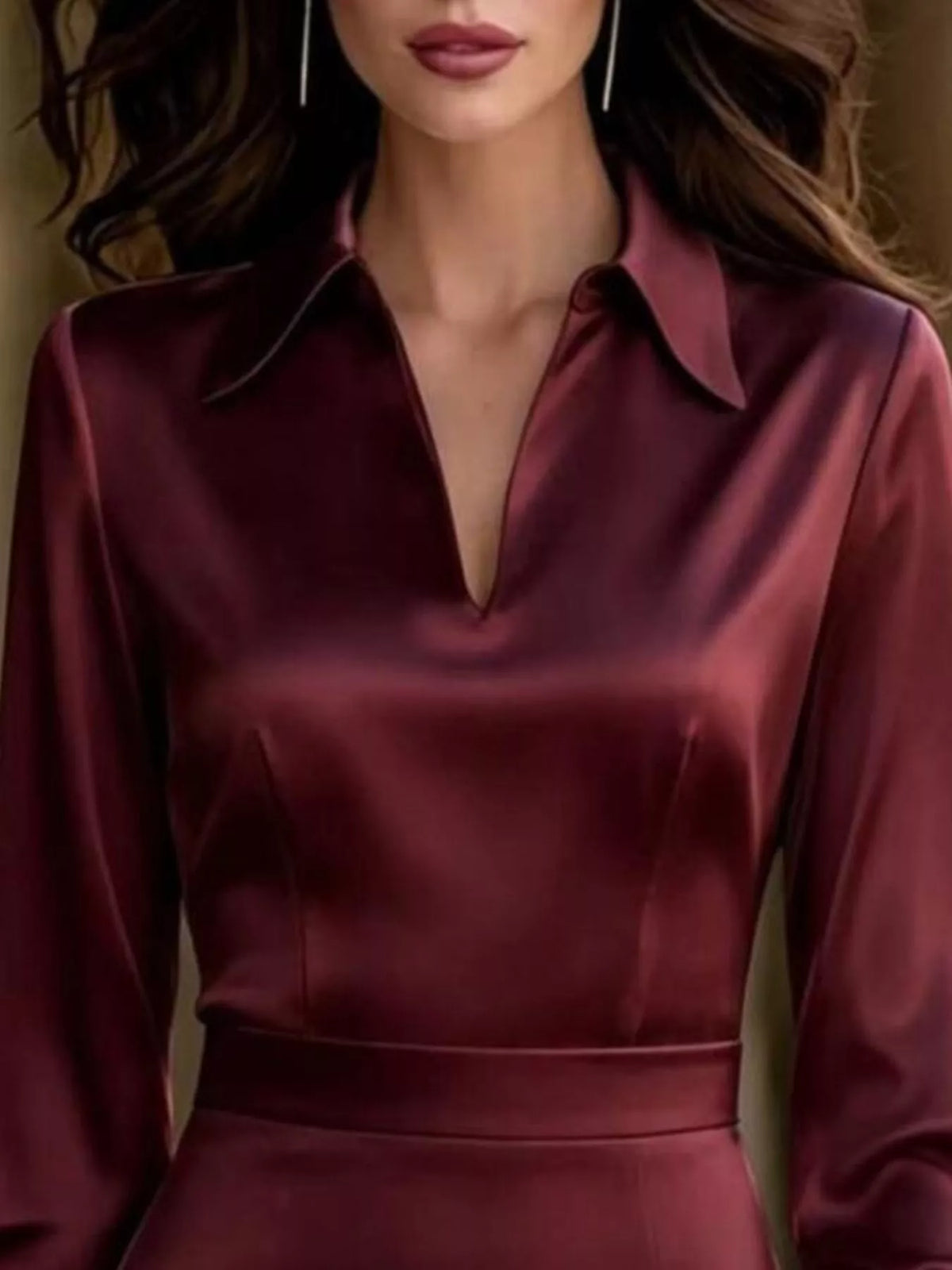 Satin Lantern-Sleeve Midi Dress
