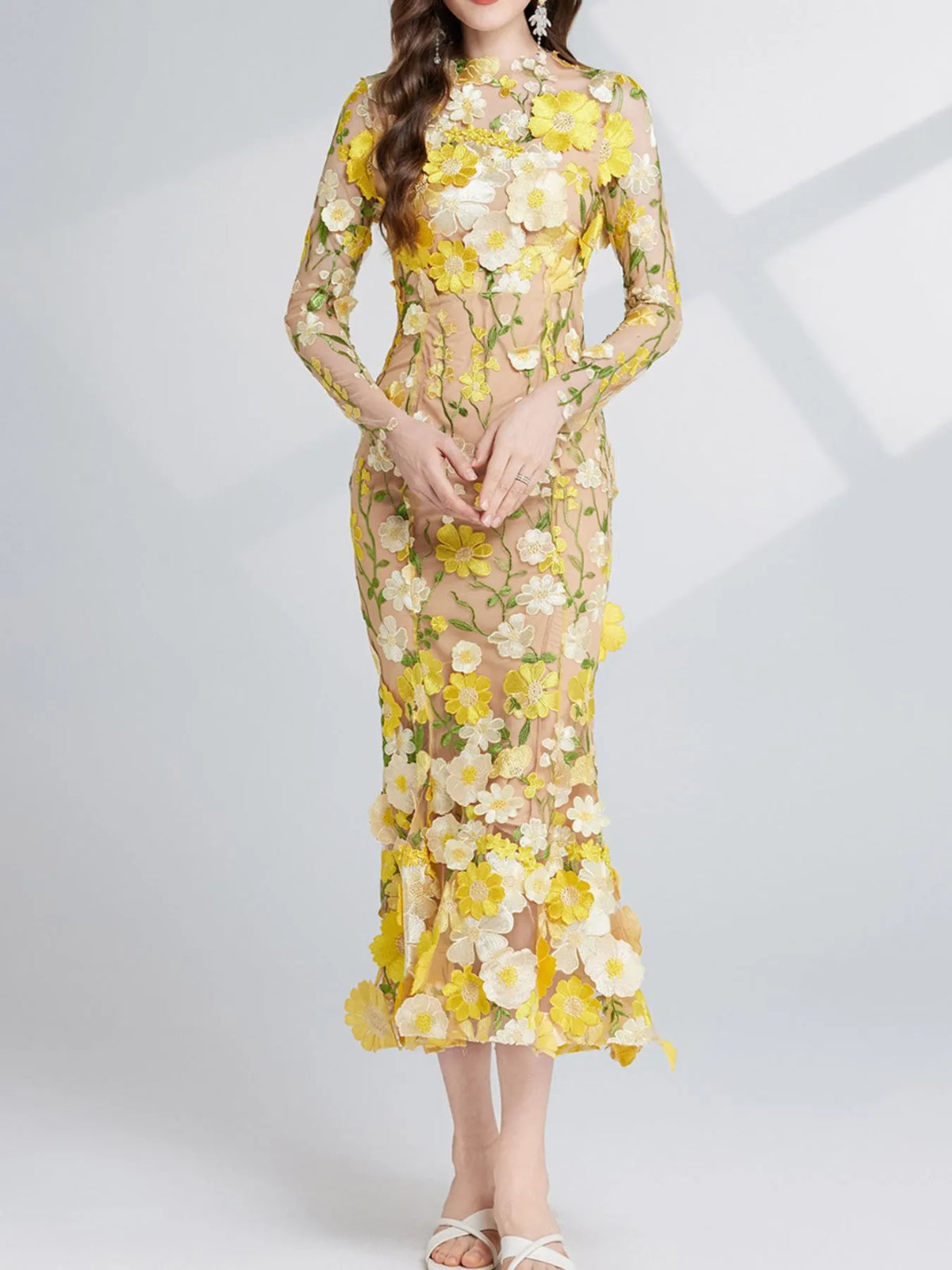Floral-Embroidered Mesh Long-Sleeve Midi Dress