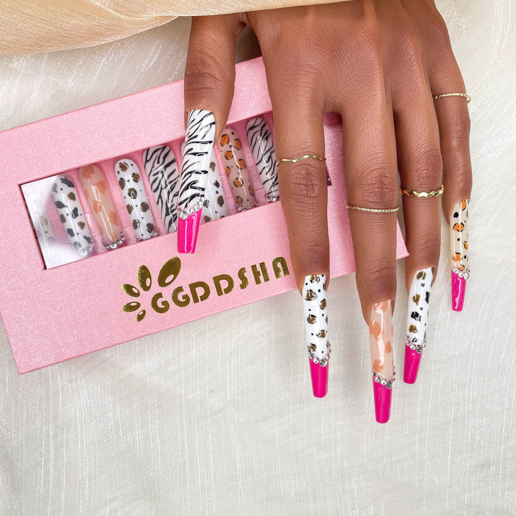 Diamond Zebra Press On Nails – Extra Long Stiletto, 3D Hand-Painted Glitter Gold UV Finish — Prime Trend Market