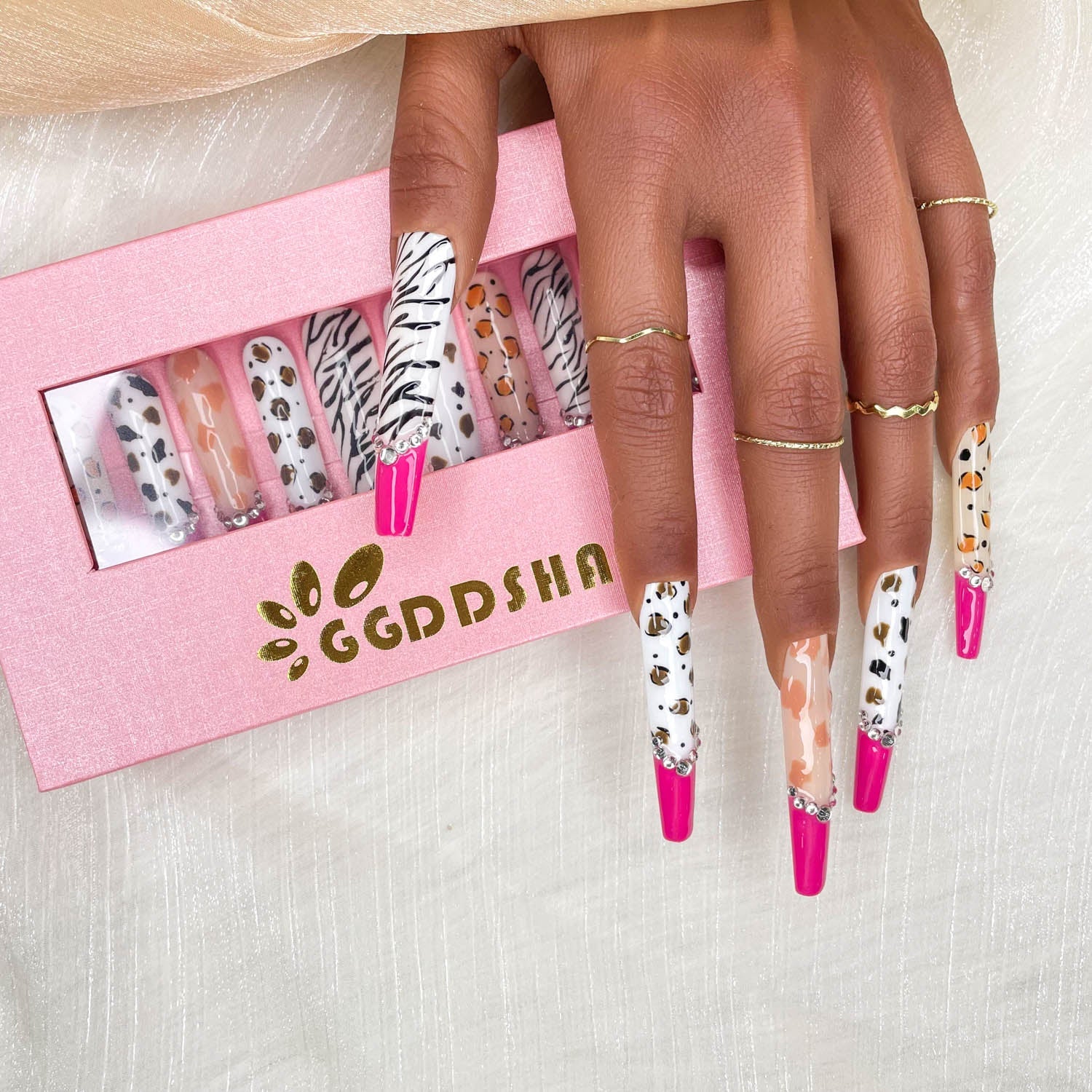 Diamond Zebra Press On Nails – Extra Long Stiletto, 3D Hand-Painted Glitter Gold UV Finish — Prime Trend Market
