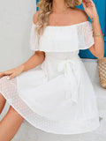 Swiss-Dot Off-Shoulder Belted Mini Dress