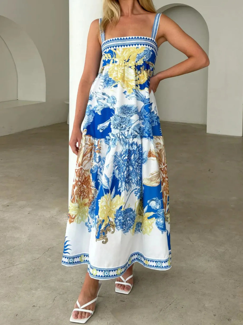 Blue Printed Sleeveless Cami Maxi Dress with Pockets
