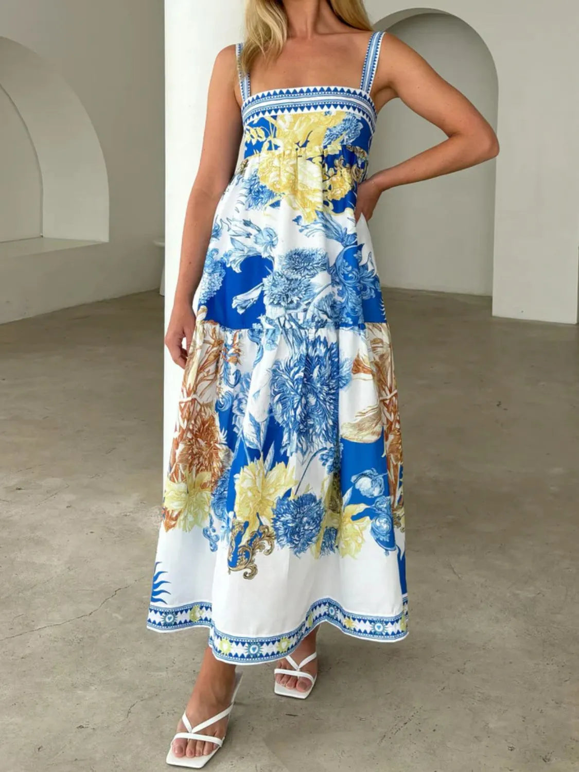Blue Printed Sleeveless Cami Maxi Dress with Pockets
