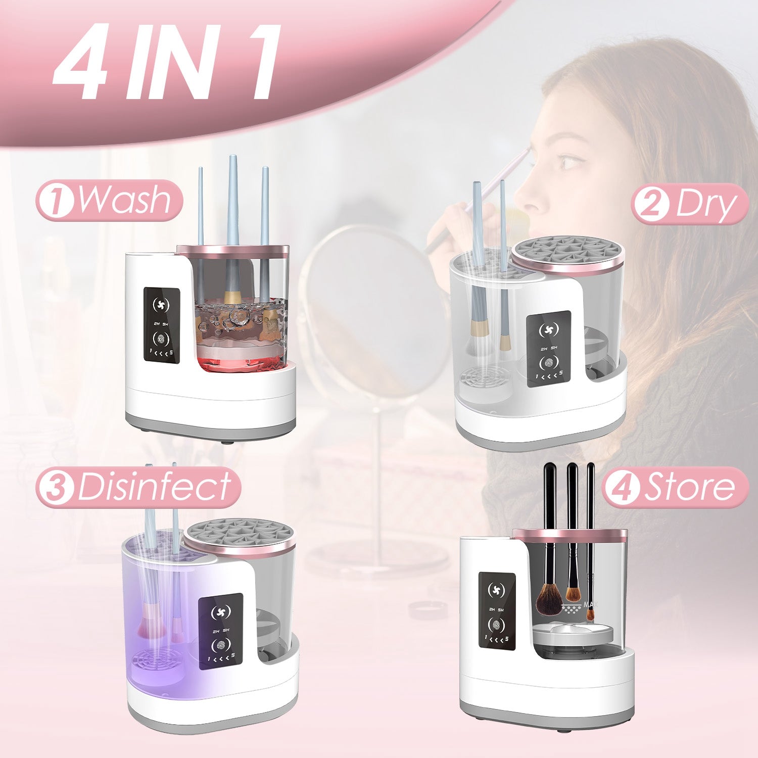 4 In 1 Electric Makeup Brush Cleaner USB Powered Automatic Brush Blender Machine With Timer Digital Display Cleaning Drying UV Disinfection Brush Storage For All Types Of Brushes Valentines Day Gift — Prime Trend Market