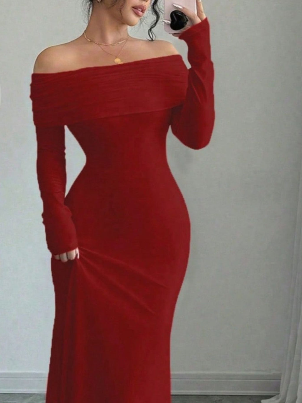 Off-Shoulder Long-Sleeve Maxi Dress
