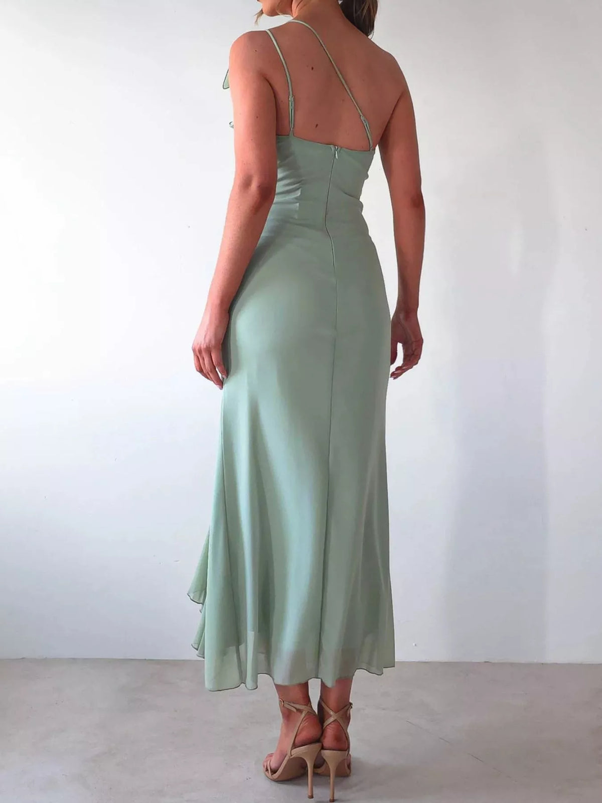 One-Shoulder Ruffle Slit Maxi Dress