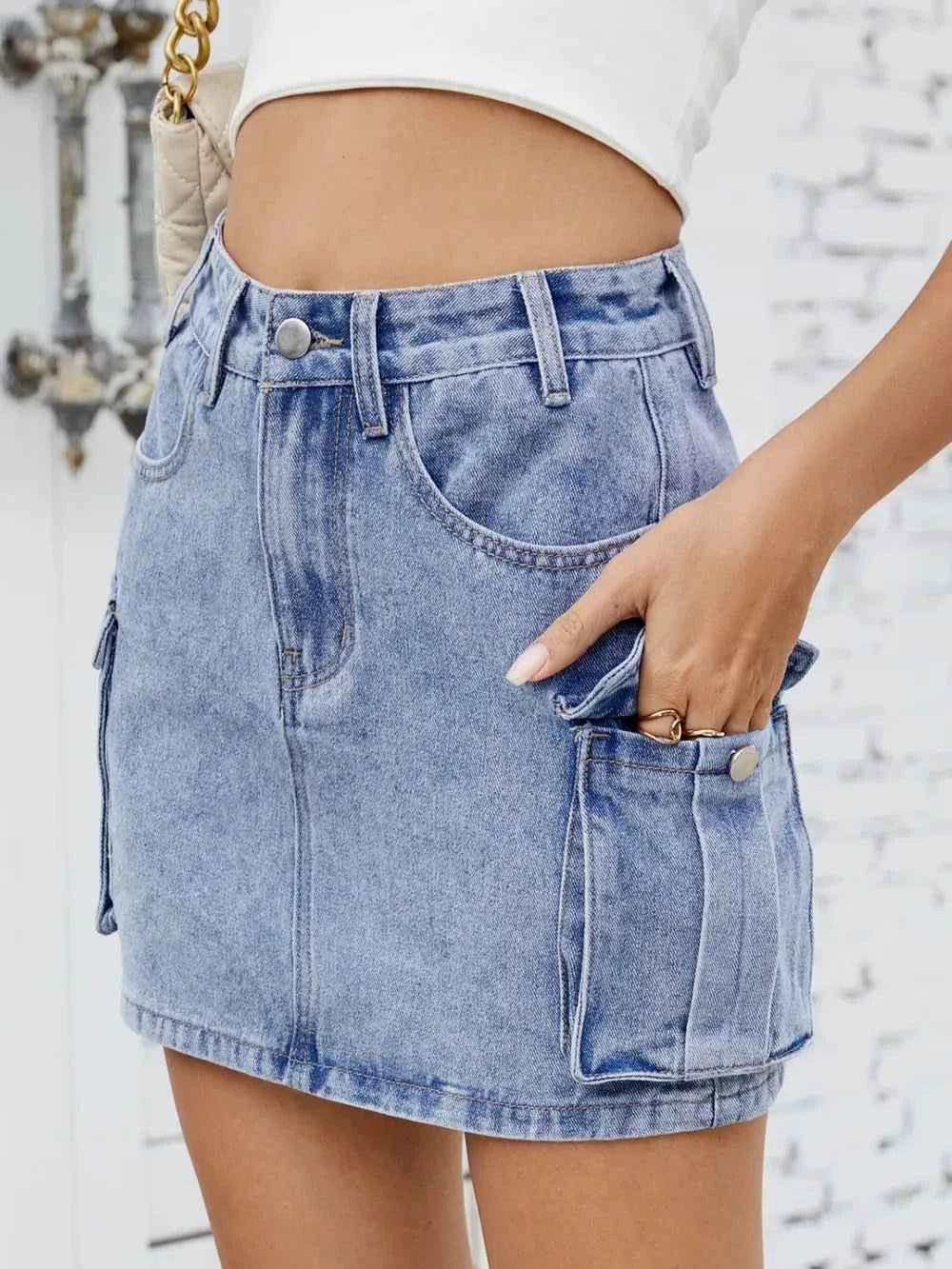 Denim-Look Cargo Mini Skirt