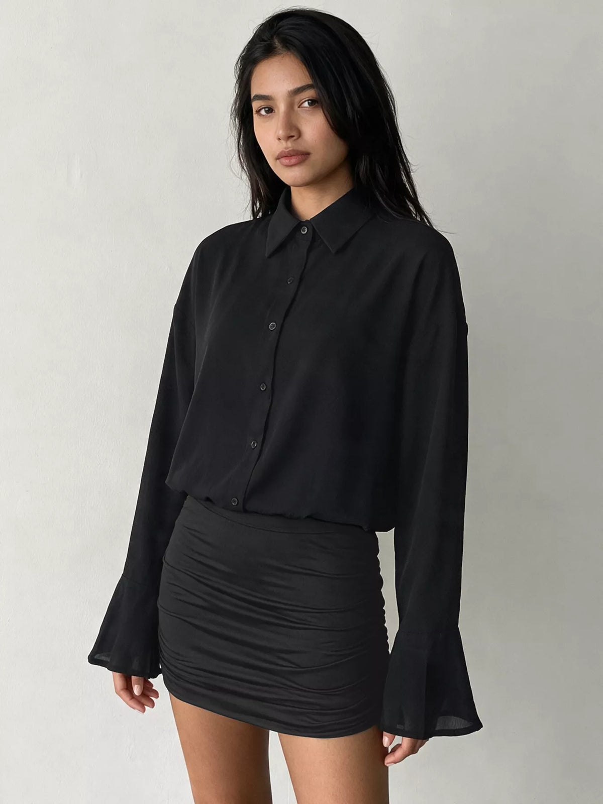 Black Button-Front Flounce-Sleeve Ruched Mini Dress