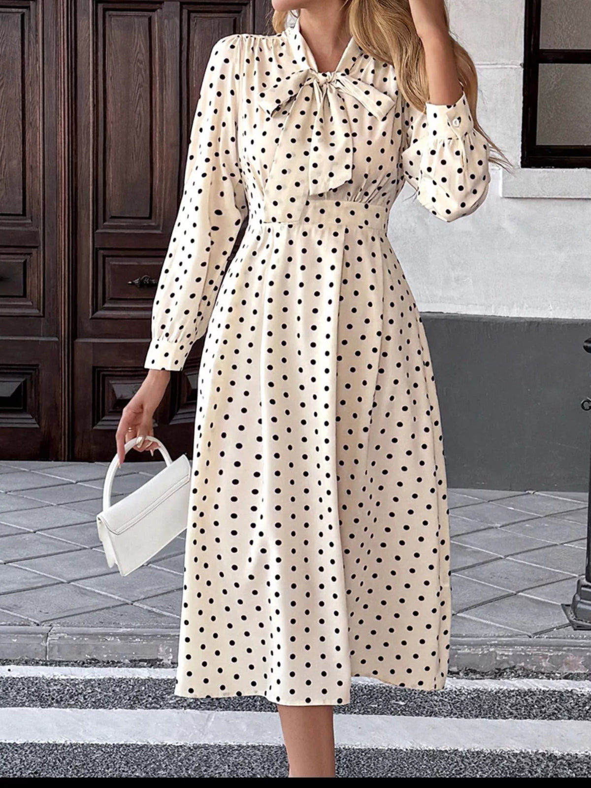 Polka-Dot Tie-Neck Long-Sleeve Midi Dress