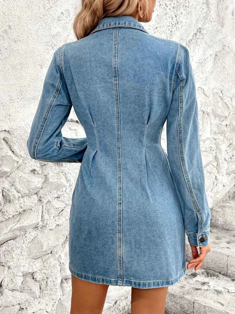 Button-Up Long-Sleeve Denim Dress with Pockets