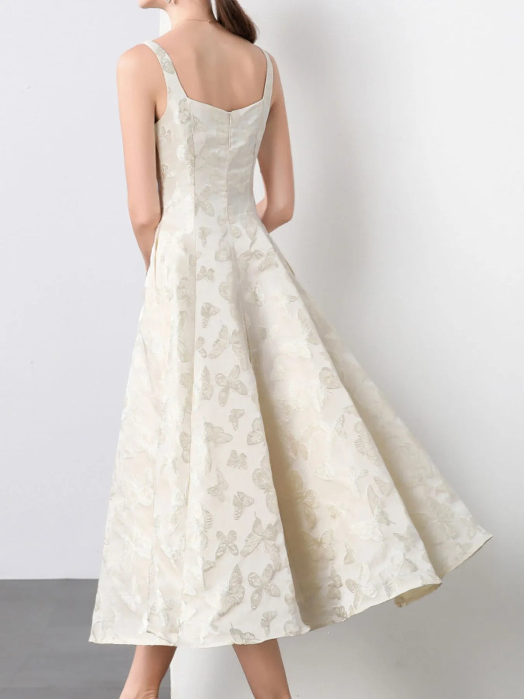 Apricot Butterfly-Embroidered Sleeveless A-Line Midi Dress