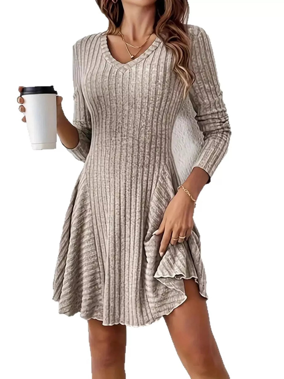 Long-Sleeve Ribbed Knit A-Line Mini Dress