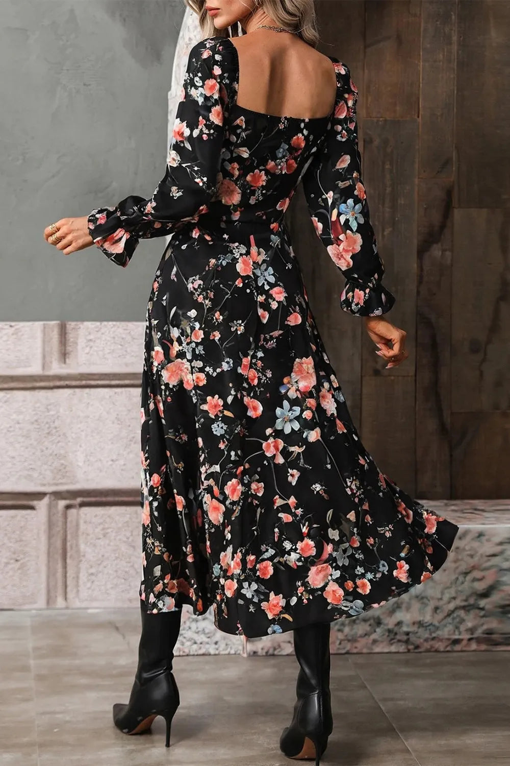 Floral Square-Neck Flounce-Sleeve Slit Midi Dress