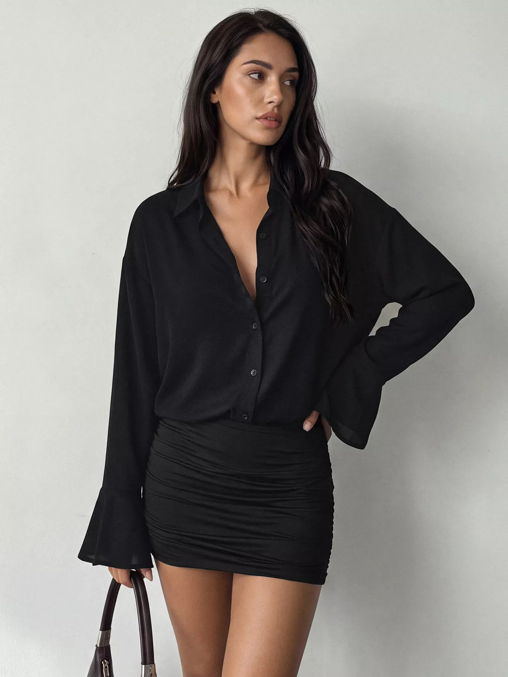 Black Button-Front Flounce-Sleeve Ruched Mini Dress
