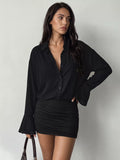 Black Button-Front Flounce-Sleeve Ruched Mini Dress