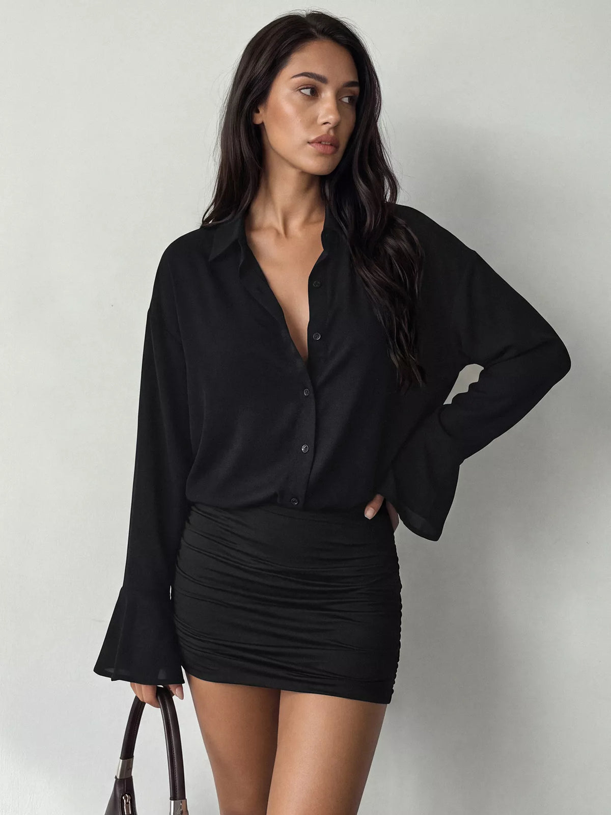 Black Button-Front Flounce-Sleeve Ruched Mini Dress