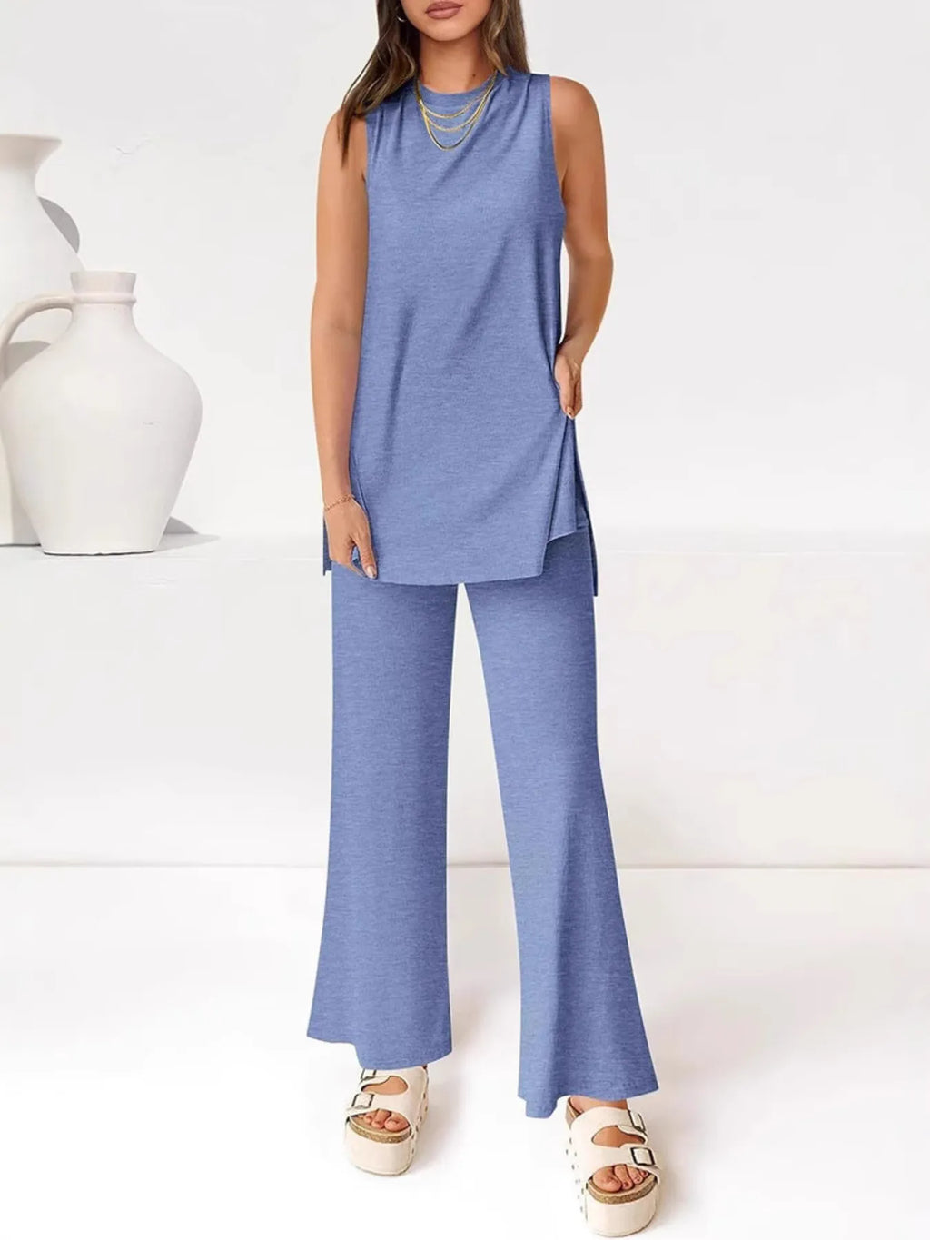 Round-Neck Longline Tank & Wide-Leg Pants Set
