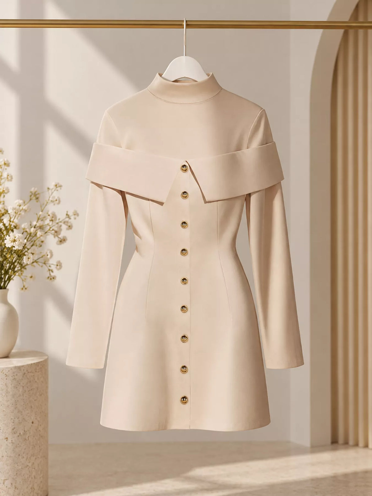 Mock-Neck Button-Detail Mini Dress