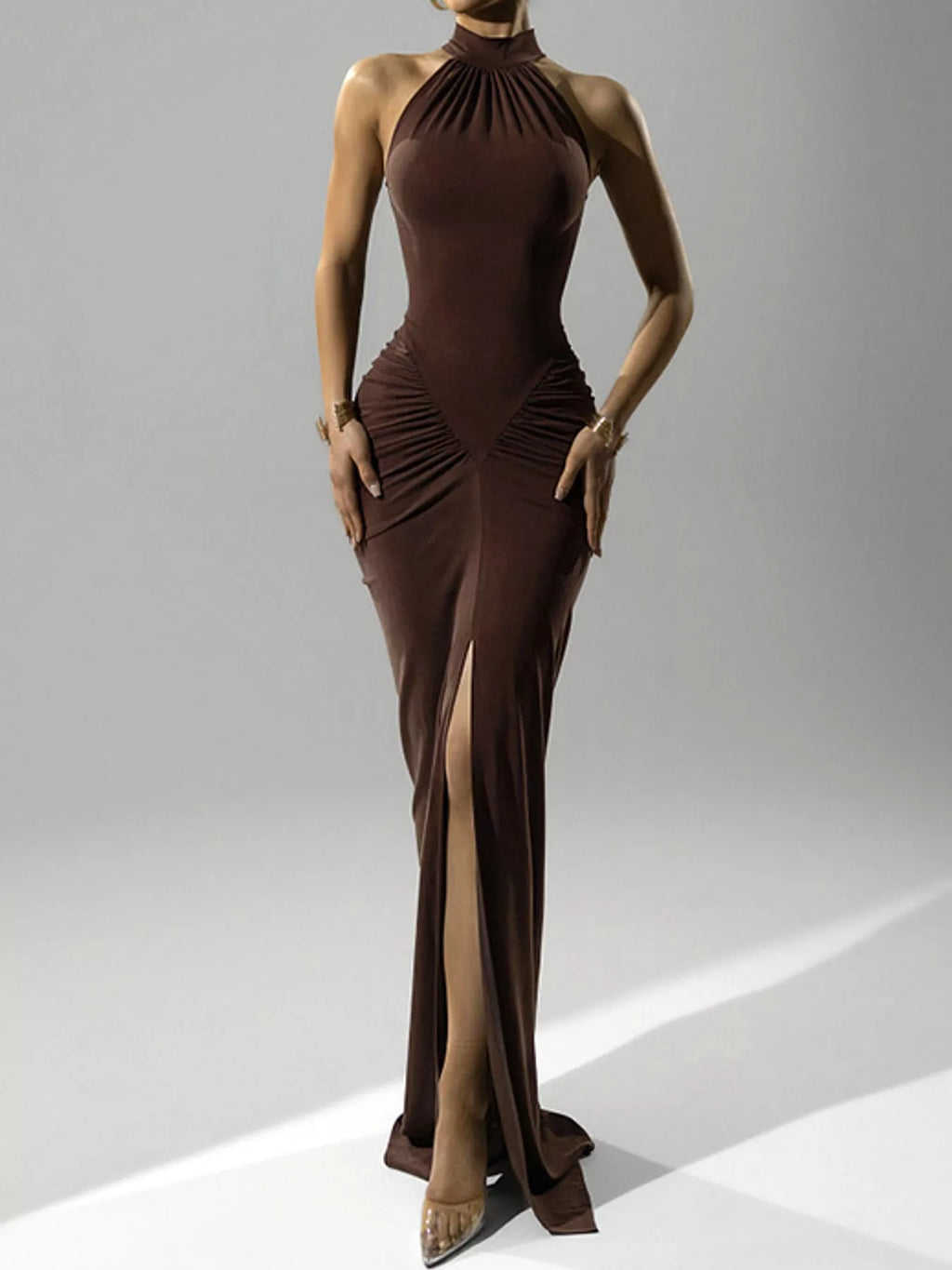 Ruched High-Neck Sleeveless Slit Maxi Dress