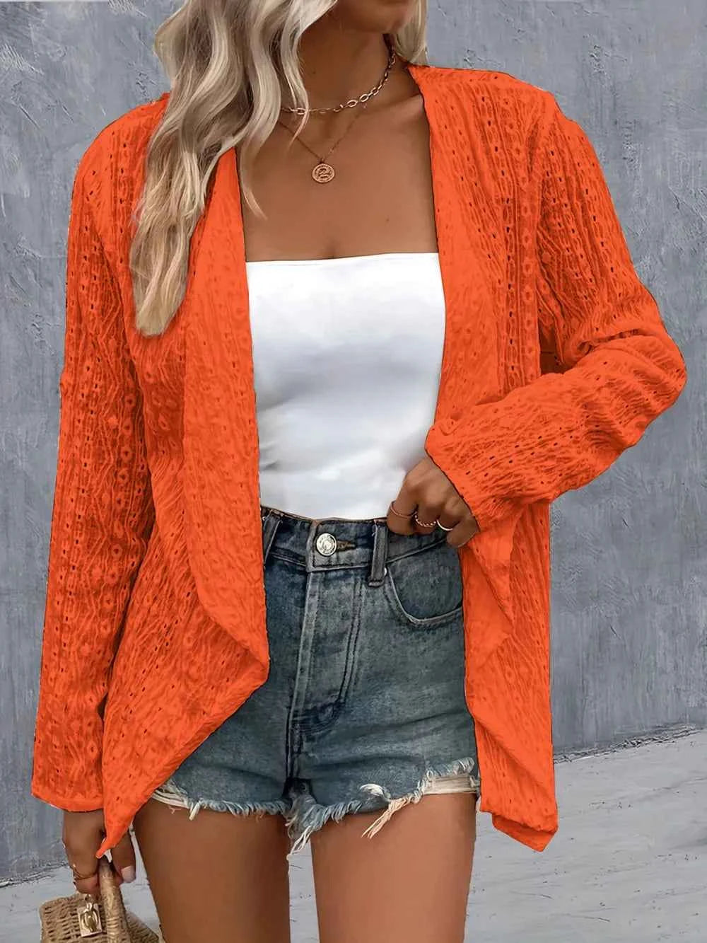 Eyelet Open-Front Roll-Tab Cardigan