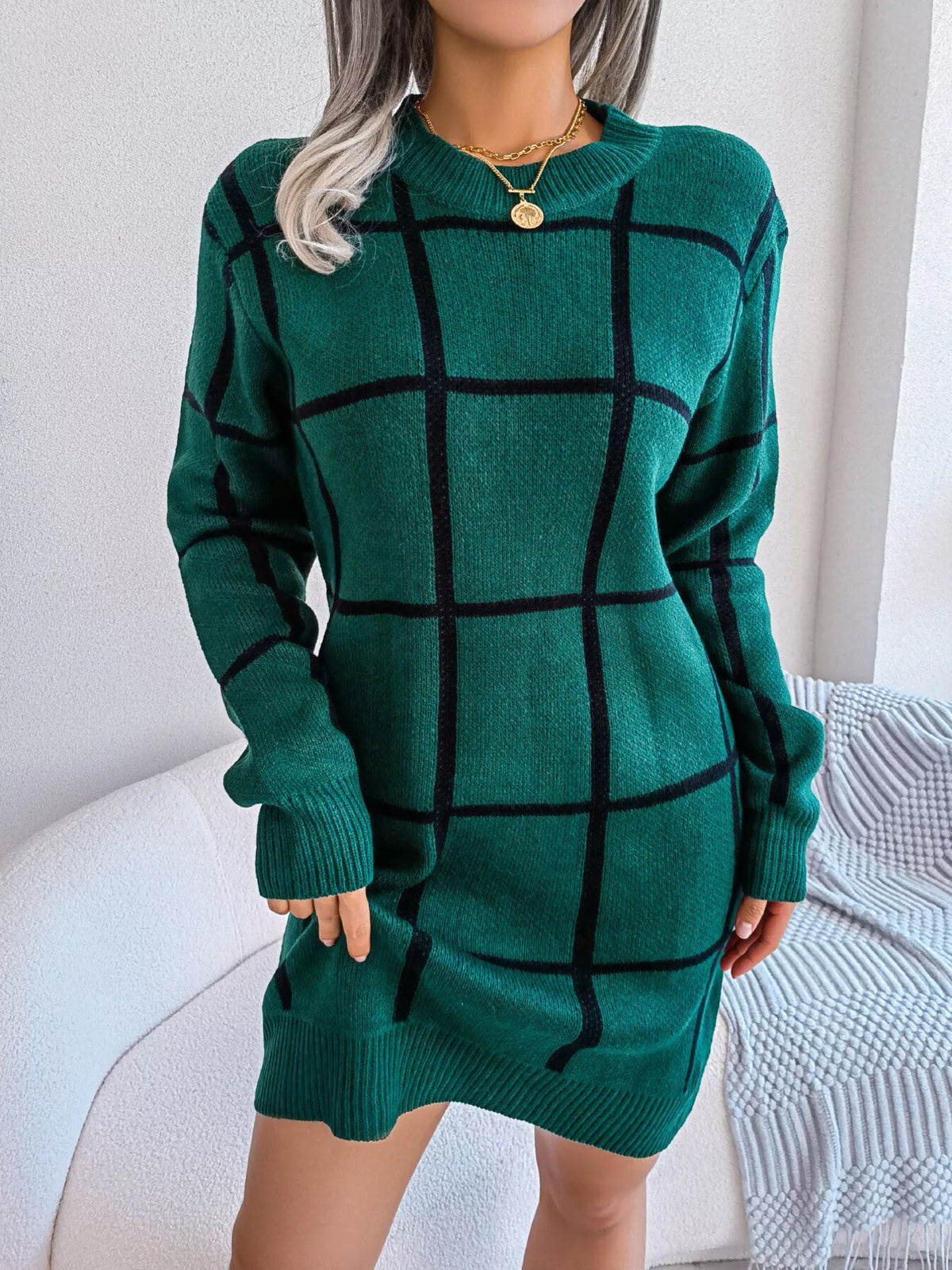 Windowpane Plaid Round-Neck Sweater Mini Dress