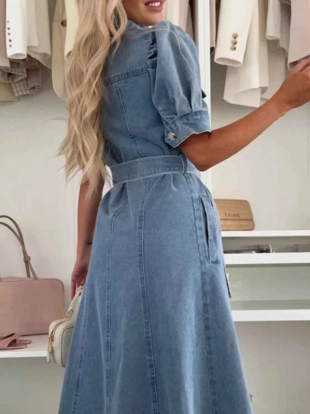 Blue Puff-Sleeve Belted Denim-Look Midi Dress
