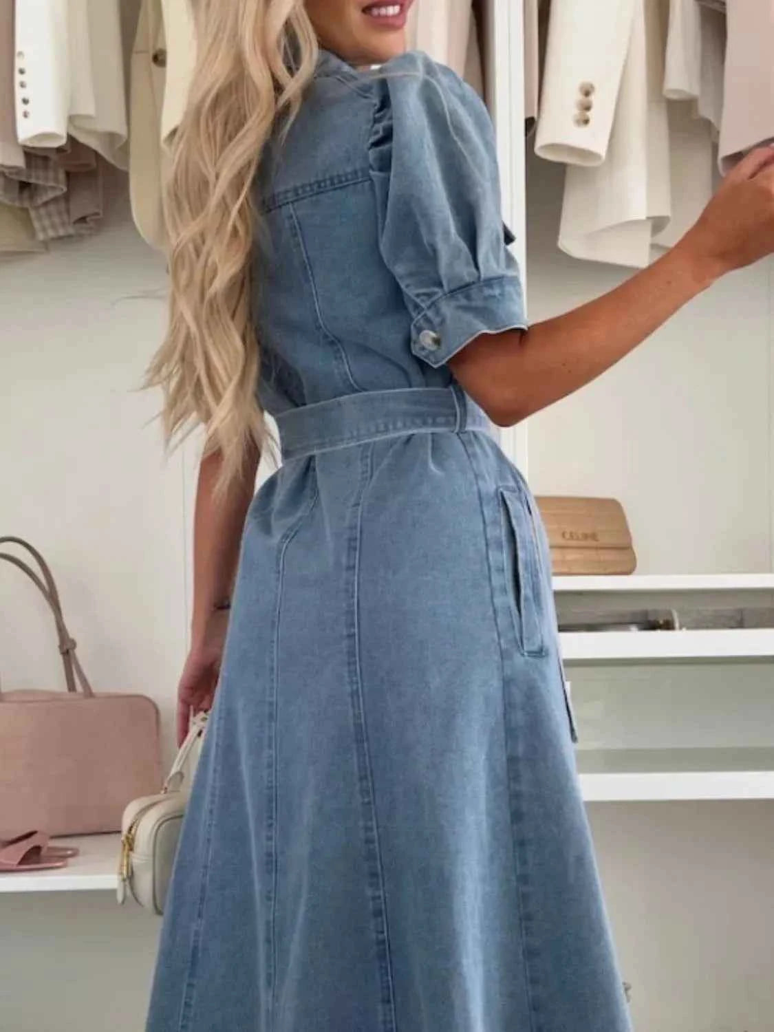 Blue Puff-Sleeve Belted Denim-Look Midi Dress