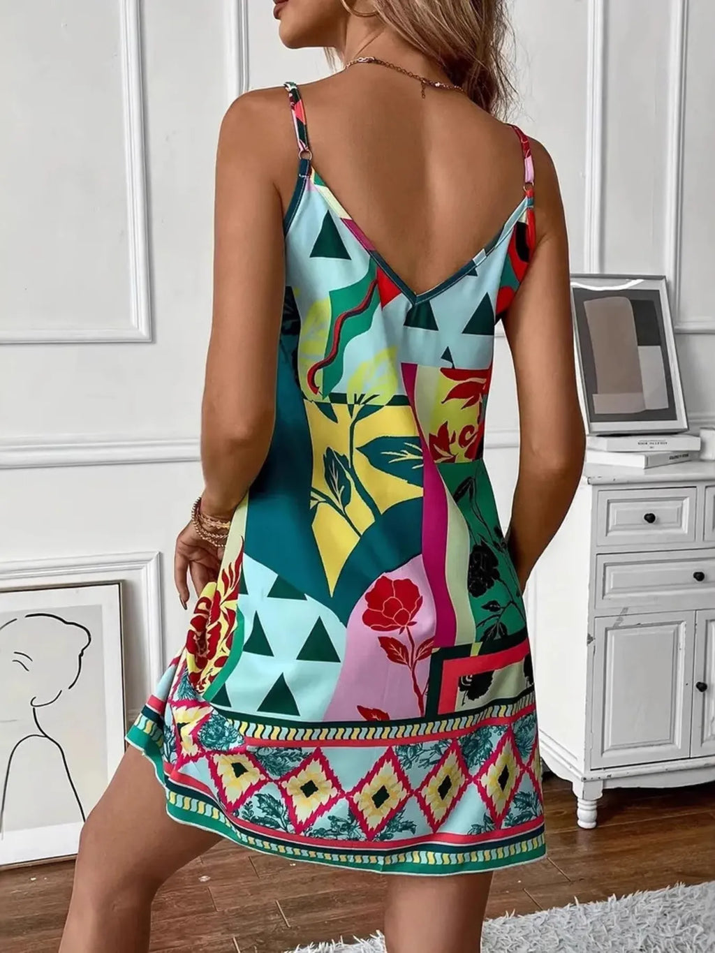 Abstract-Print V-Neck Cami Mini Dress