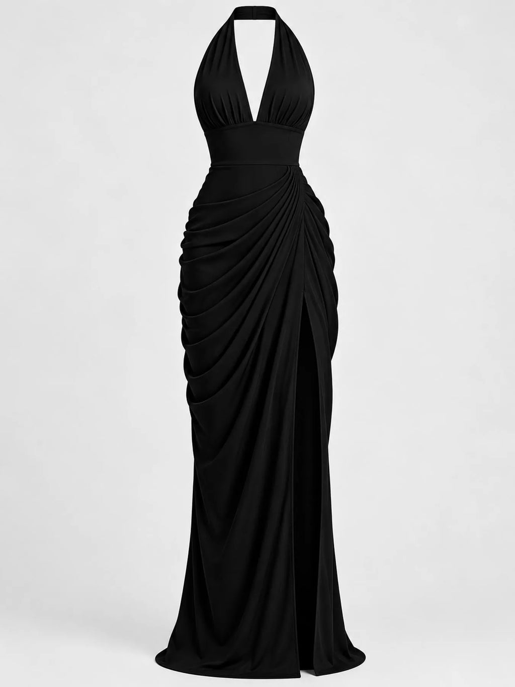 Halter-Neck Ruched High-Slit Maxi Evening Dress
