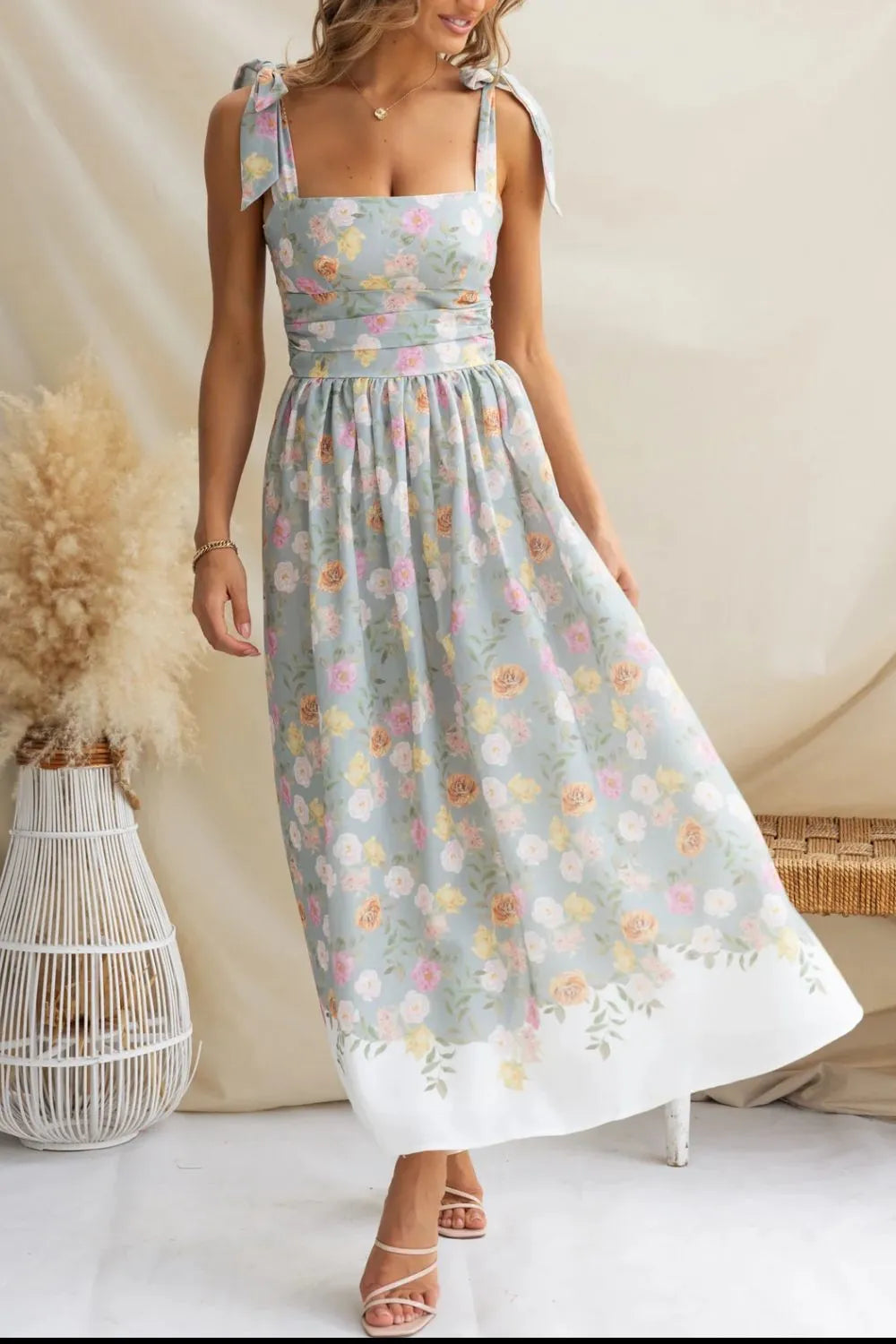 Printed Tie-Shoulder Cami Midi Dress