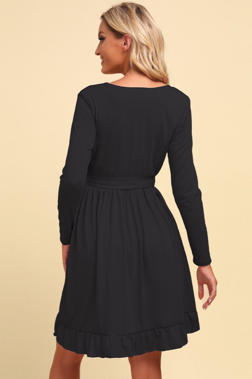 Surplice Long-Sleeve Tie-Waist Mini Dress