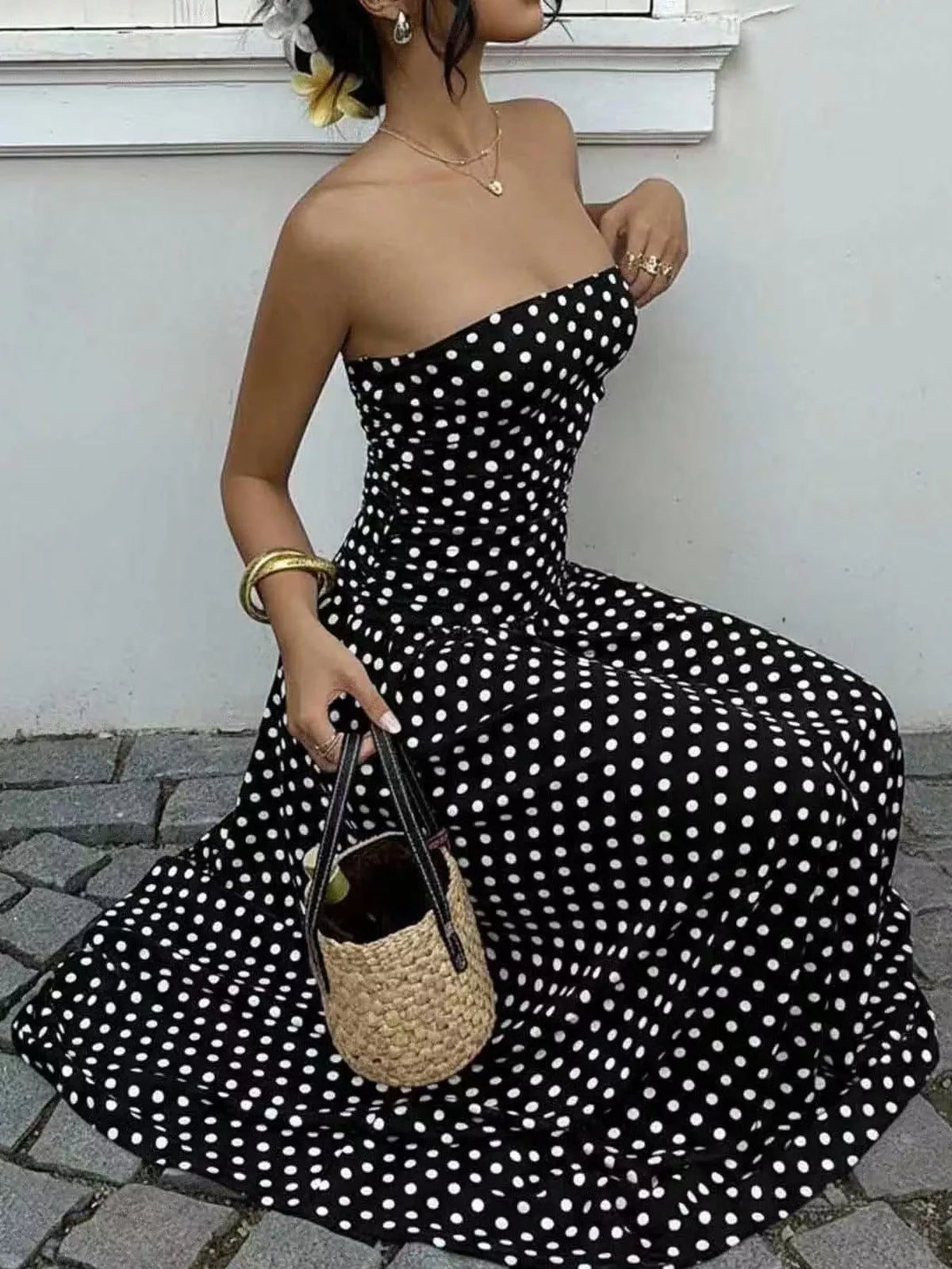 Strapless Polka-Dot Ruched Maxi Dress, S–2XL