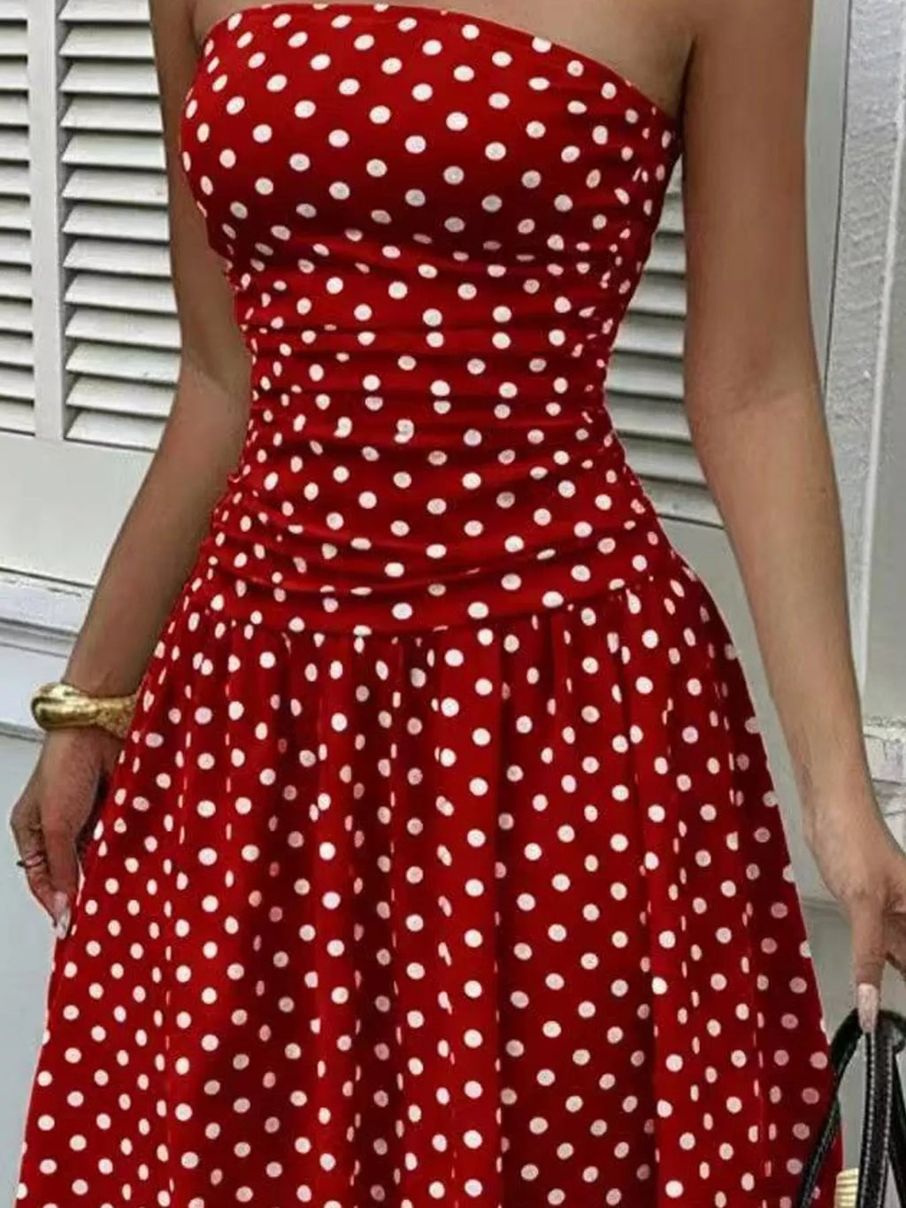 Strapless Polka-Dot Ruched Maxi Dress, S–2XL