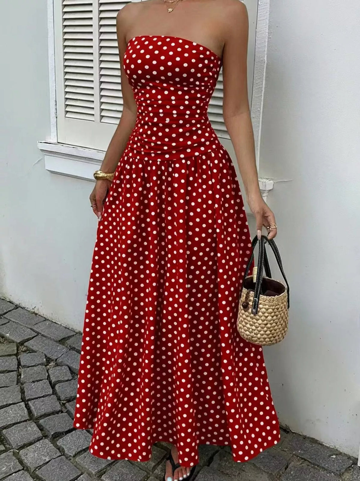 Strapless Polka-Dot Ruched Maxi Dress, S–2XL