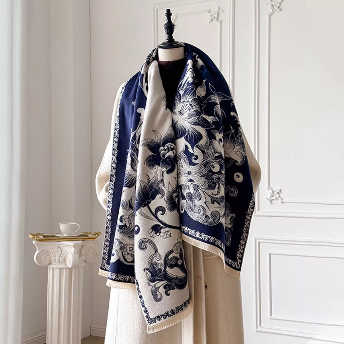Floral-Print Polyester Raw-Hem Scarf