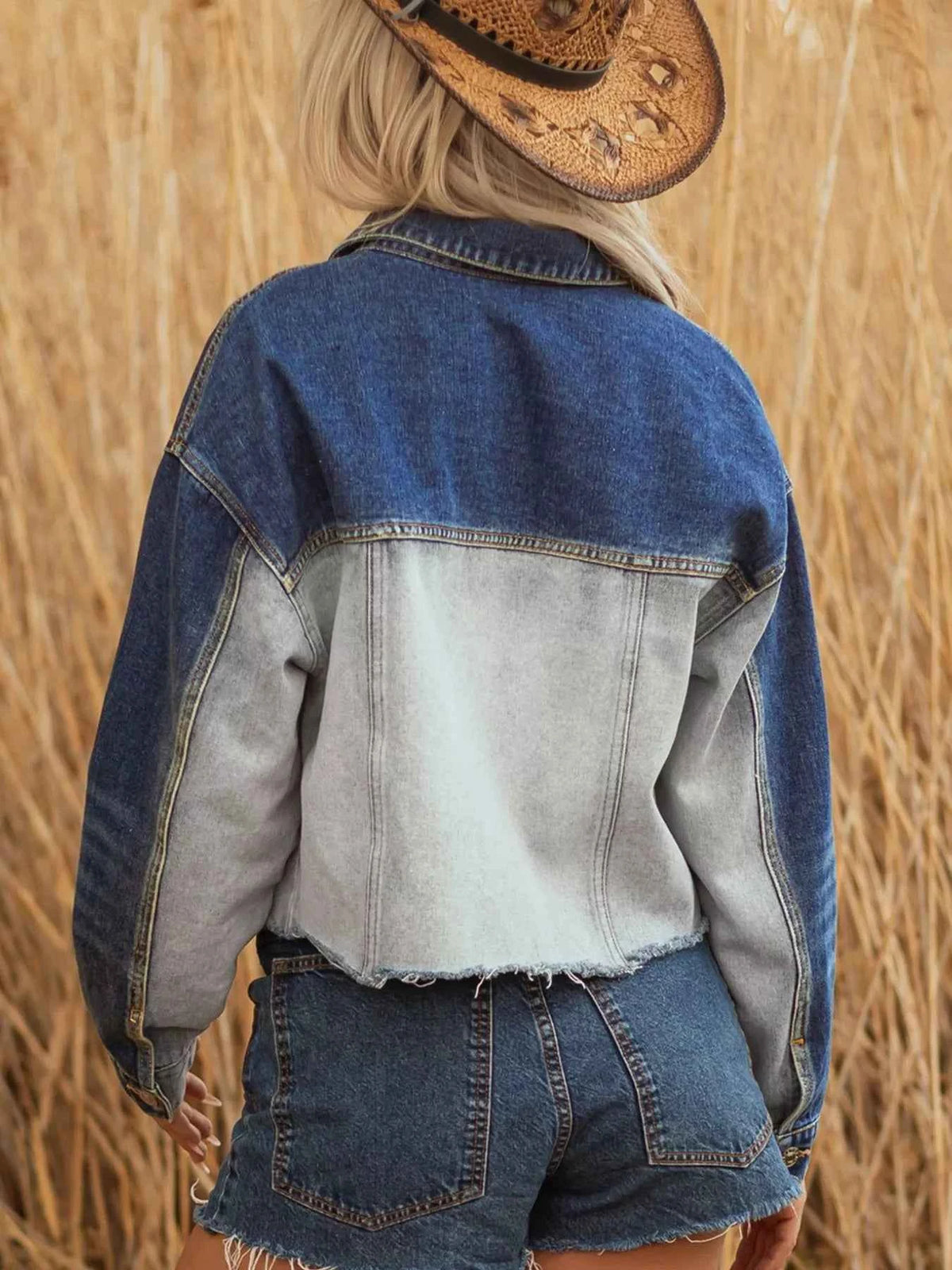 Color-Block Patchwork Raw-Hem Denim Jacket