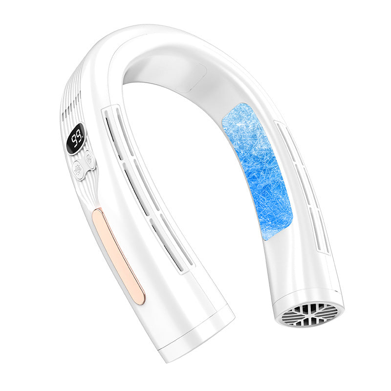White wearable neck fan showing its display, buttons and end vent with a blue cooling-effect graphic.