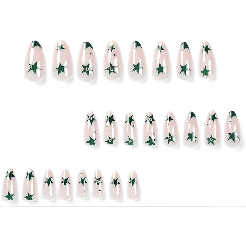 Green Star Nail Art Press-On Nails – 24 PCS Long Water Pipe Shape | Celestial ABS Acrylic — Prime Trend Market